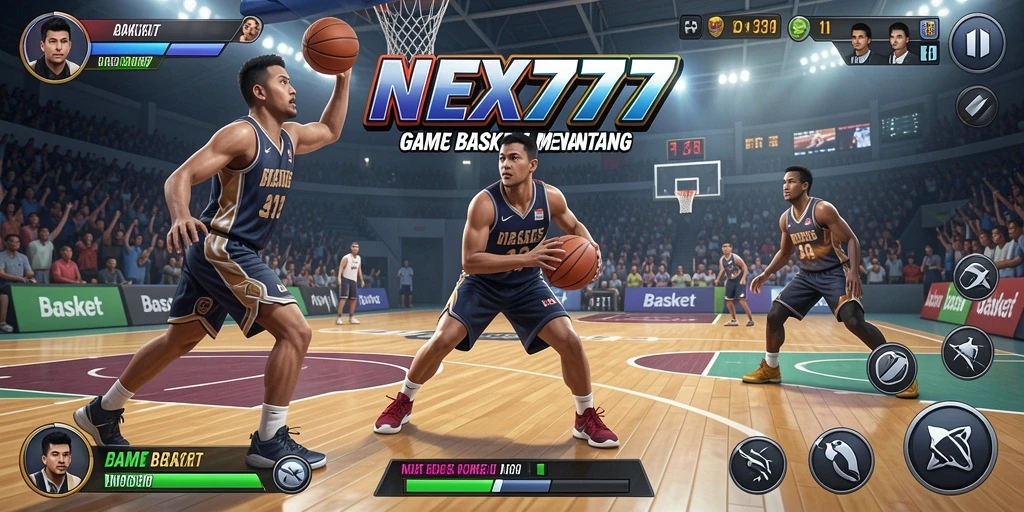 Screenshot NEX777 yang memperlihatkan antarmuka permainan basket yang menarik.